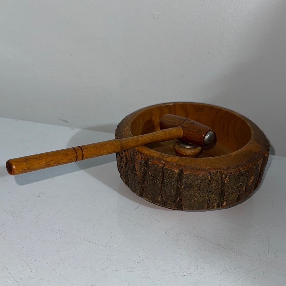 Mid-century nut-cracker bowl set mallet Elwood Rusticware